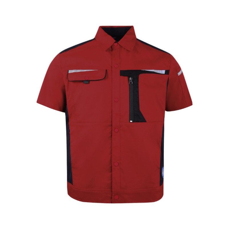 Red and Black Contrast Stand Collar Short-sleeved Work Shirt STS5004
