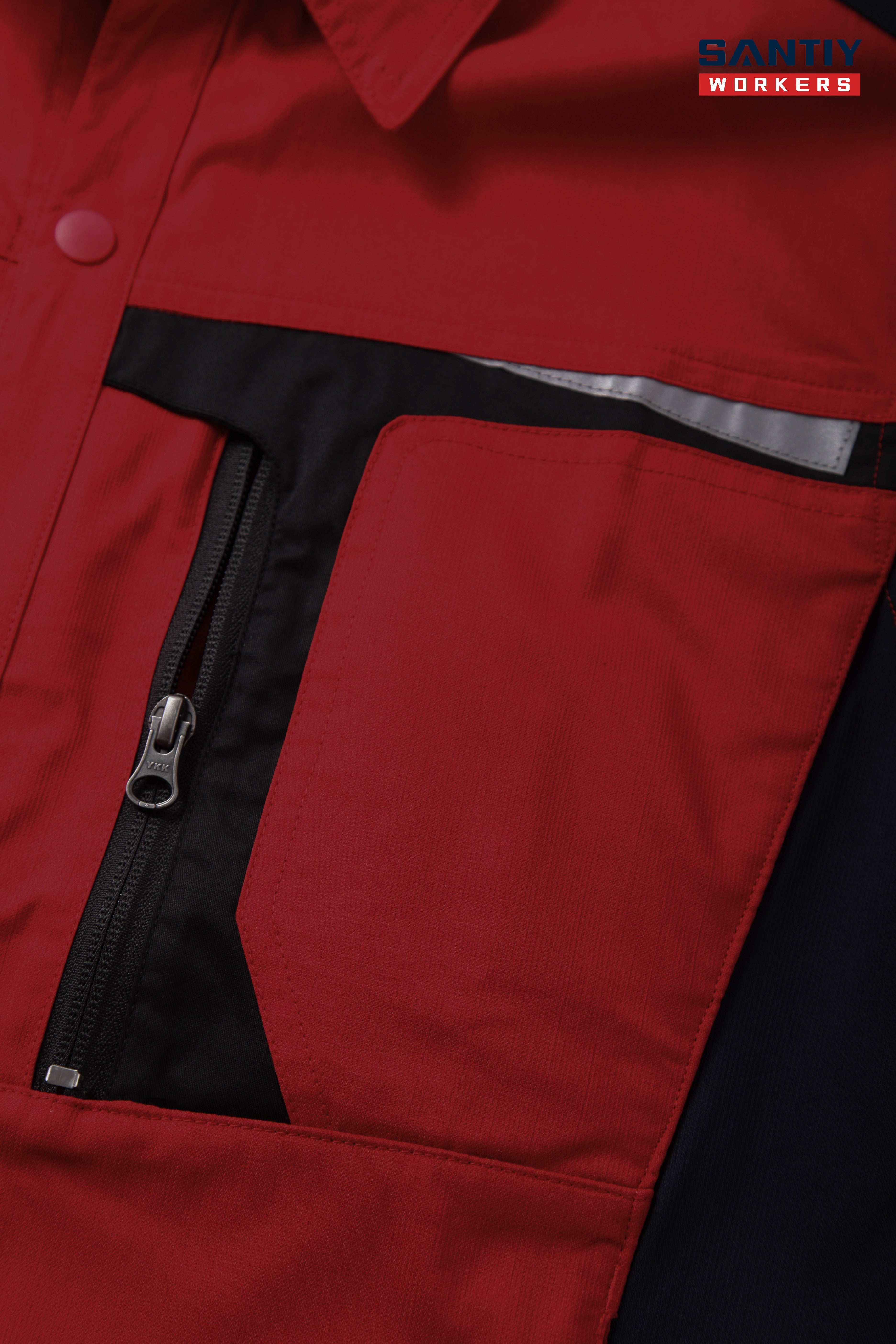 Red and Black Contrast Stand Collar Short-sleeved Work Shirt STS5004